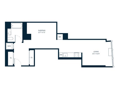 Floor plan for studio, 1 bath, 592 sqft